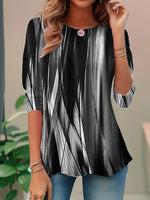 LilyWish Women's Abstract Print 3/4 Sleeve Round Neck Loose Casual Blouse