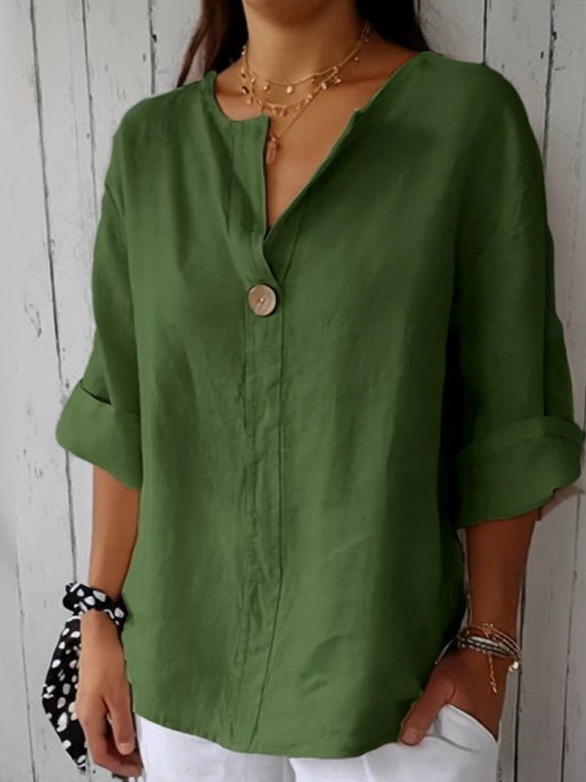 Women's Cotton Loose Fit 3/4 Sleeve Single Button Blouse