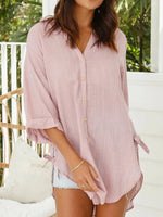 LilyWish Pink Solid Casual Tops Collared Long Sleeve Blouse