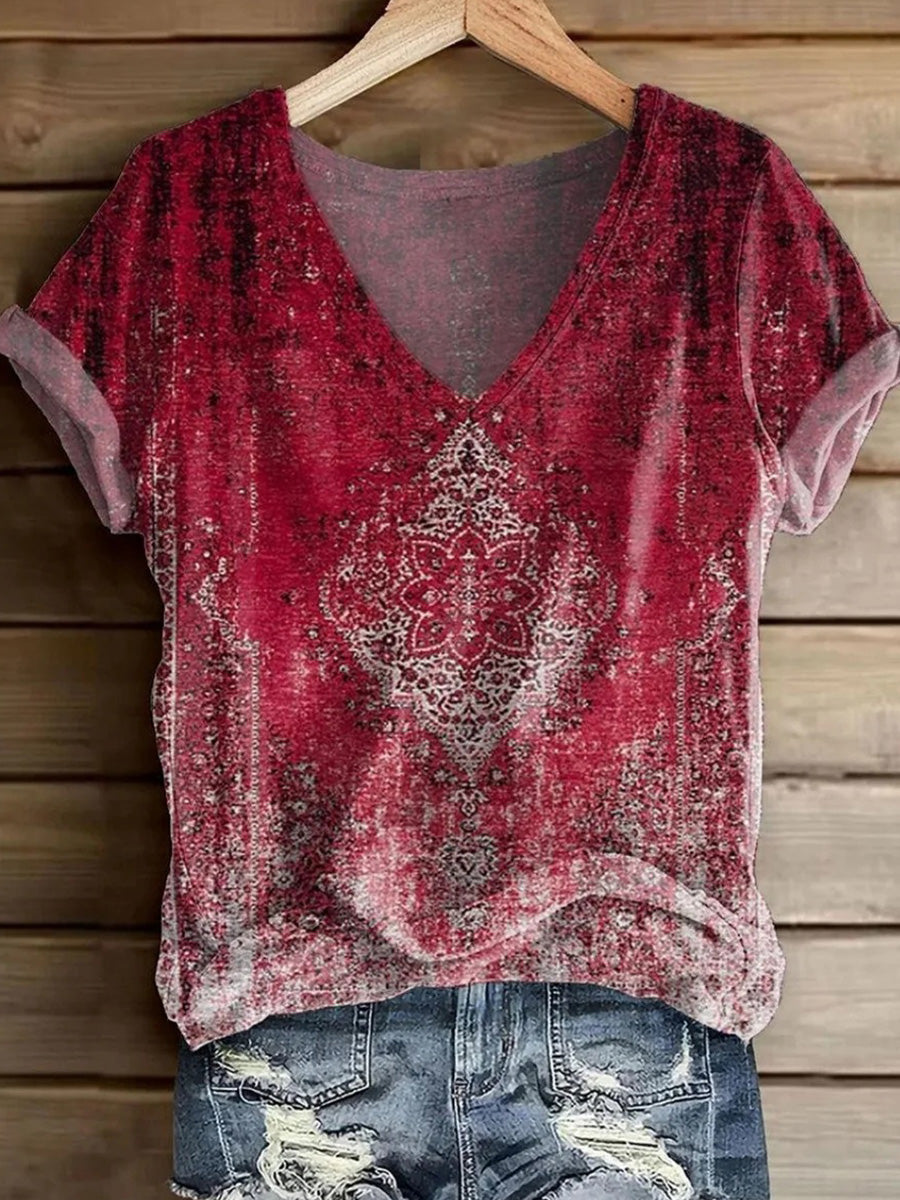 LilyWish Showy Red V-neck Short Sleeve Top