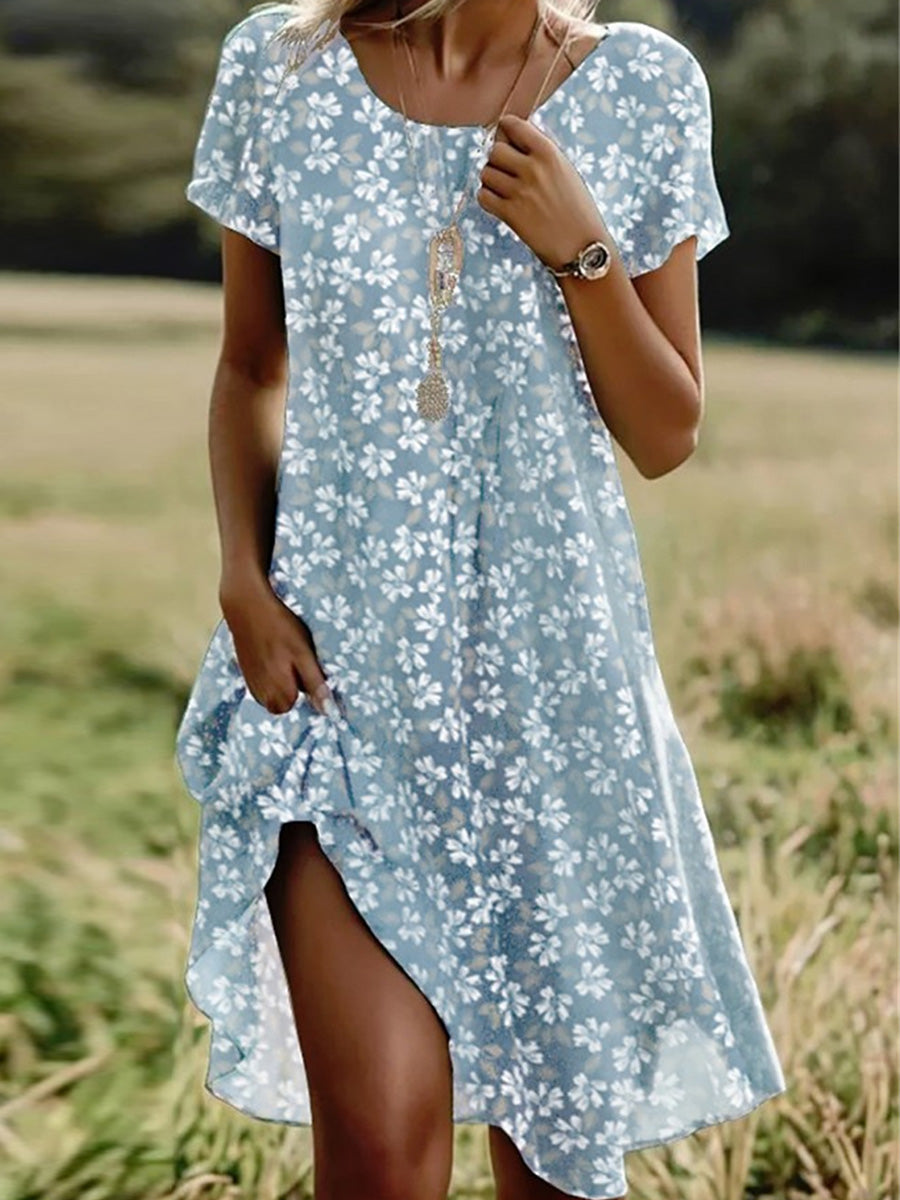 Casual Crew Neck Floral Print Short Sleeve Dress