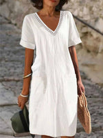 V-neck Short Sleeve Cotton White Shift Dress