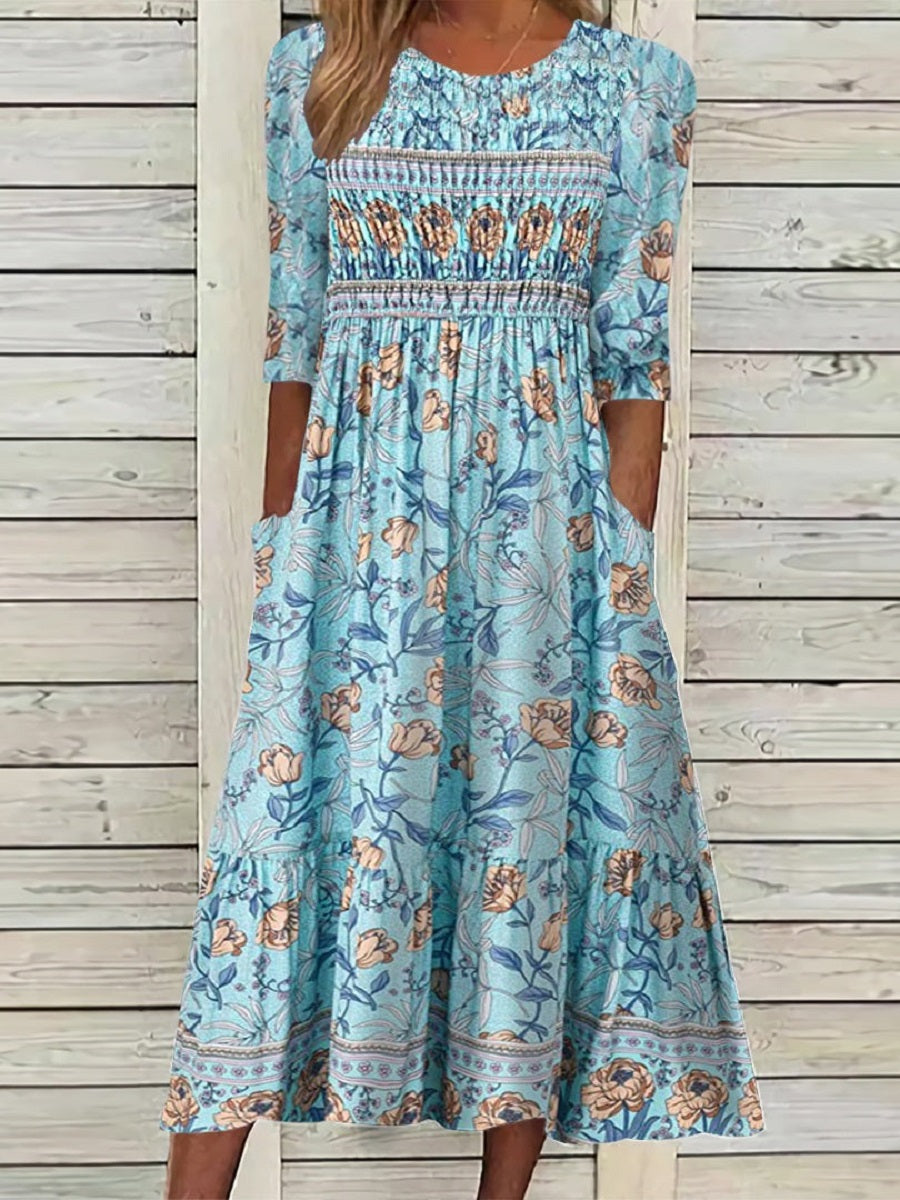 LilyWish Women's Floral Smocked Half Sleeve Boho Midi Dress with Pockets