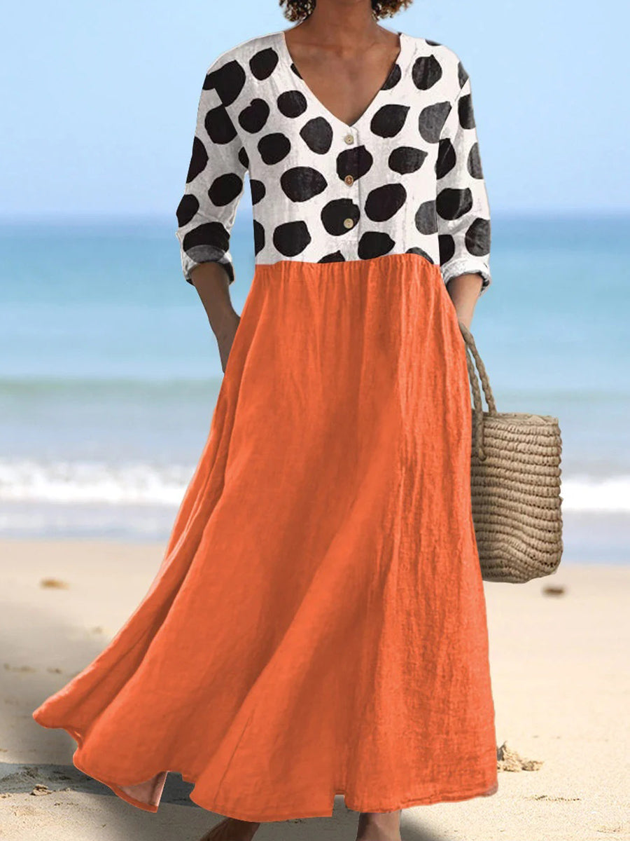 LilyWish Vintage Polka Dots Art Print V-Neck Long Sleeve Dress