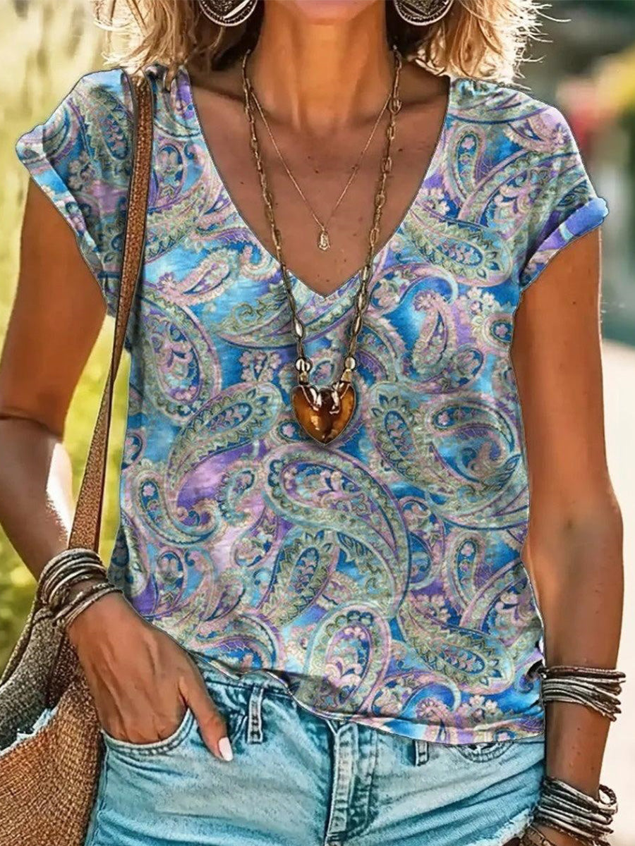LilyWish Fresh Paisley Print V-Neck Short Sleeve Top