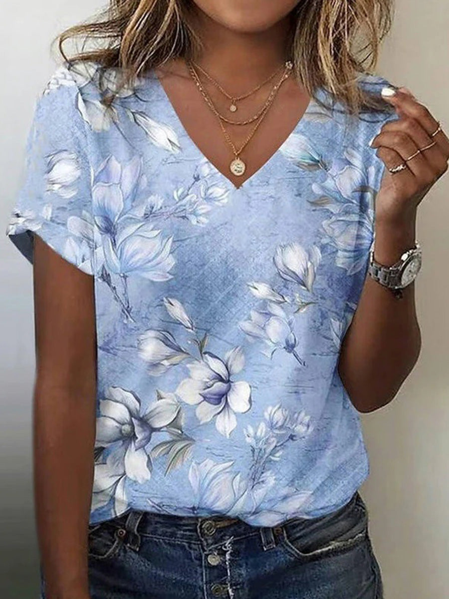 Casual Floral Print V-neck Short Sleeve T-Shirt