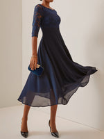 Wedding Party Lace Chiffon Zip 3/4 Sleeve Midi Formal Dress