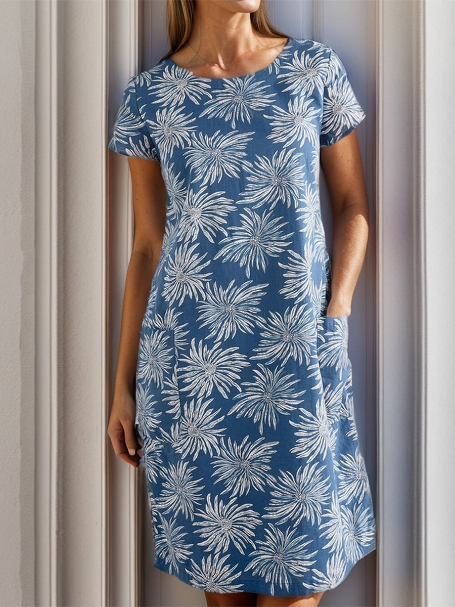 Blue Round Neck Short Sleeve Pockets Dress