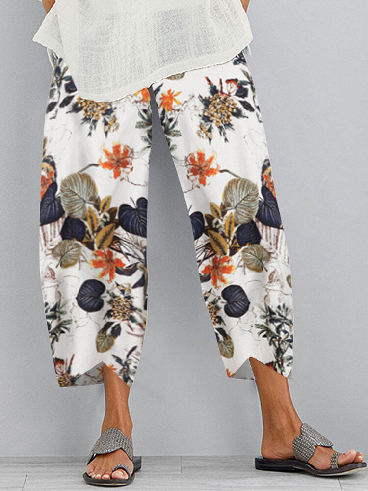 LilyWish Vintage Floral Printed Elastic Waist Casual Navy Pants
