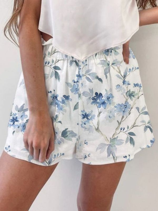 White Floral Printed Casual Summer Shorts