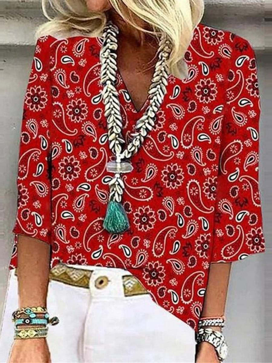 LilyWish Showy Red 3/4 Sleeve V-Neck Top