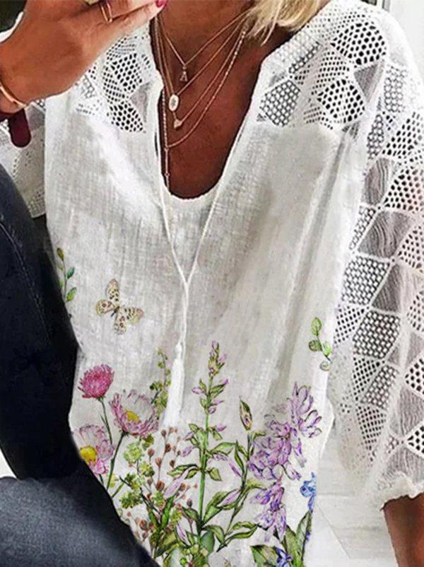 LilyWish Floral Print Casual V Neck 3/4 Sleeve Blouse