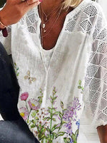 LilyWish Floral Print Casual V Neck 3/4 Sleeve Blouse