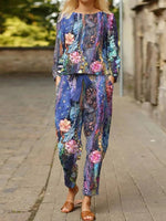 Purple Casual Floral Two-Piece Suit
