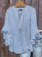 Blue Striped Print V-neck 3/4 Sleeve Top