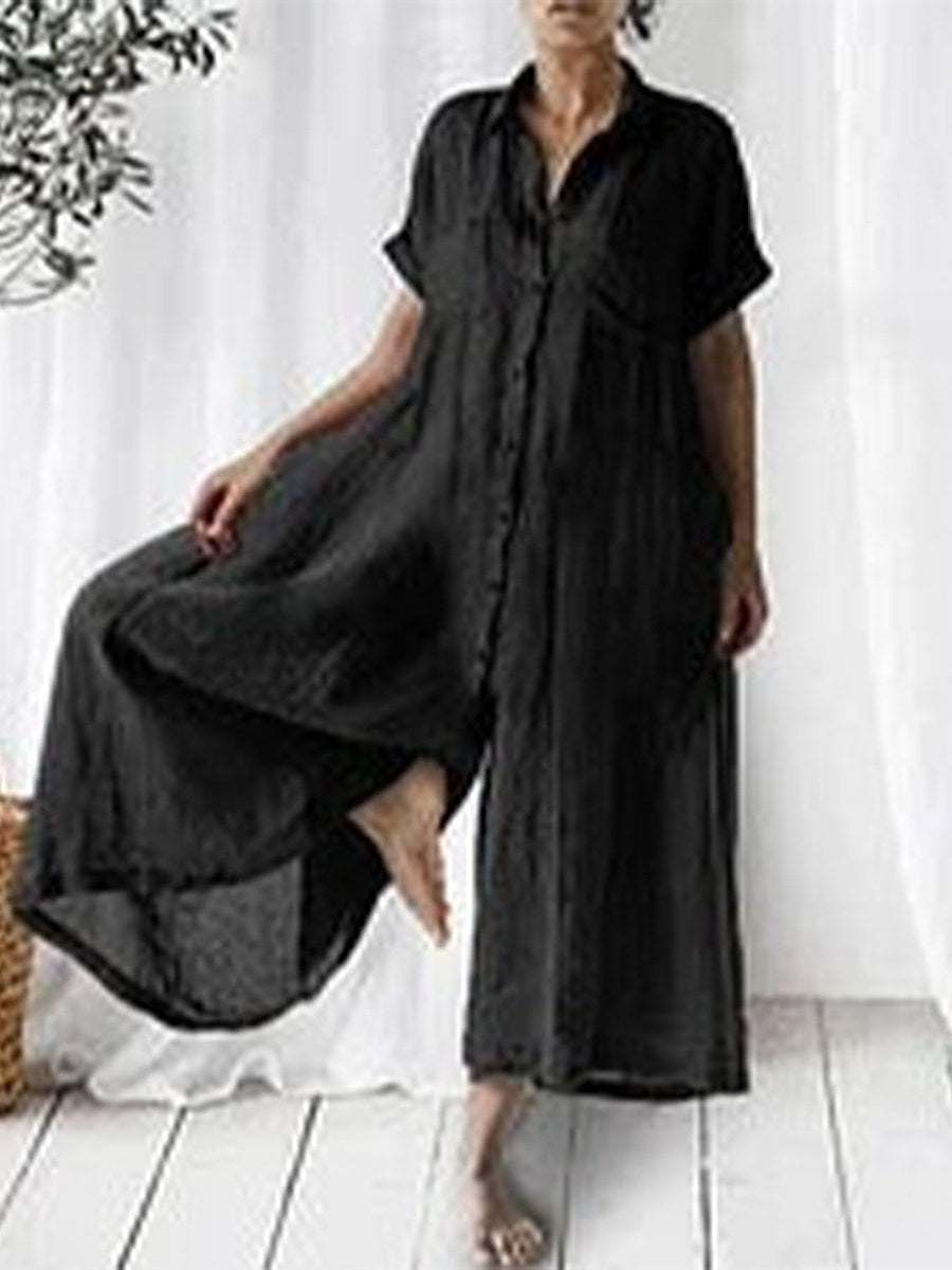 Casual Solid Linen Loose Lapel Jumpsuit