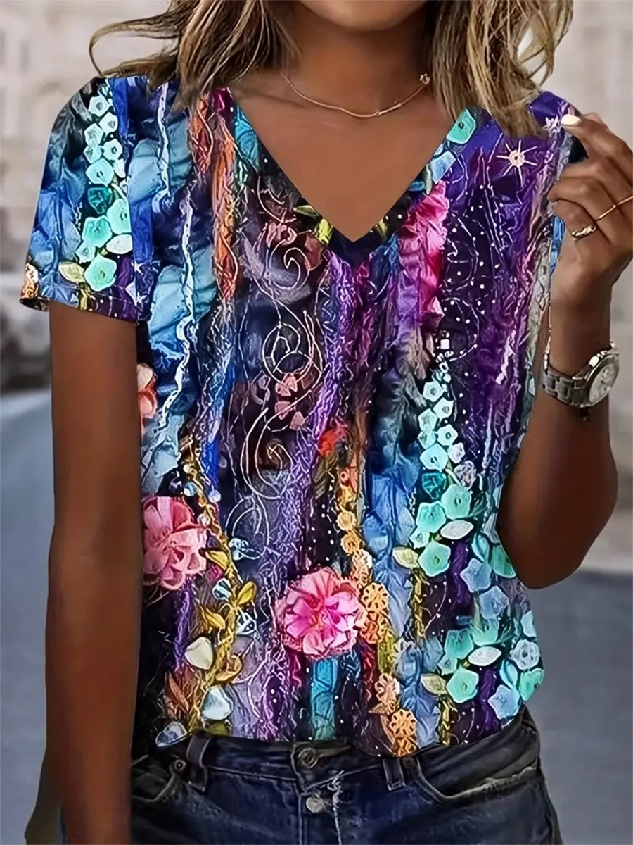 LilyWish Women Floral Print V-neck Short Sleeve T-shirt