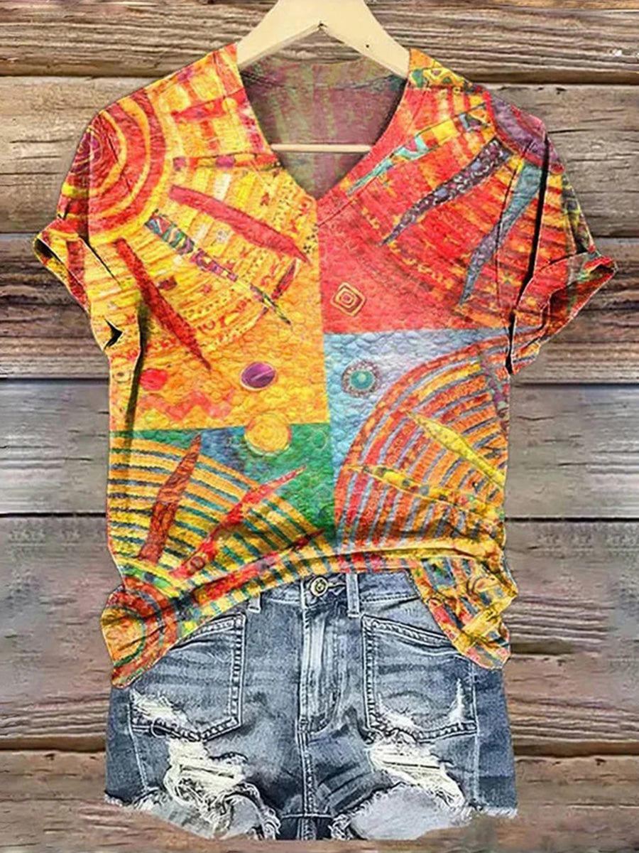 LilyWish Colourful Abstract Print V-neck Short Sleeve T-Shirt
