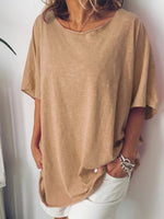 LilyWish Khaki Loose Round Neck Short Sleeve Shirt