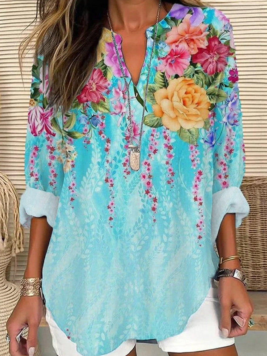 LilyWish Elegant V-Neck Floral Print Long Sleeve Top