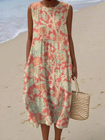 LilyWish Vintage Floral Print Round Neck Sleeveless Dress