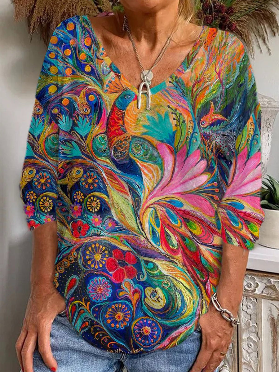 LilyWish Colorful Abstract V Neck Long Sleeve Blouse