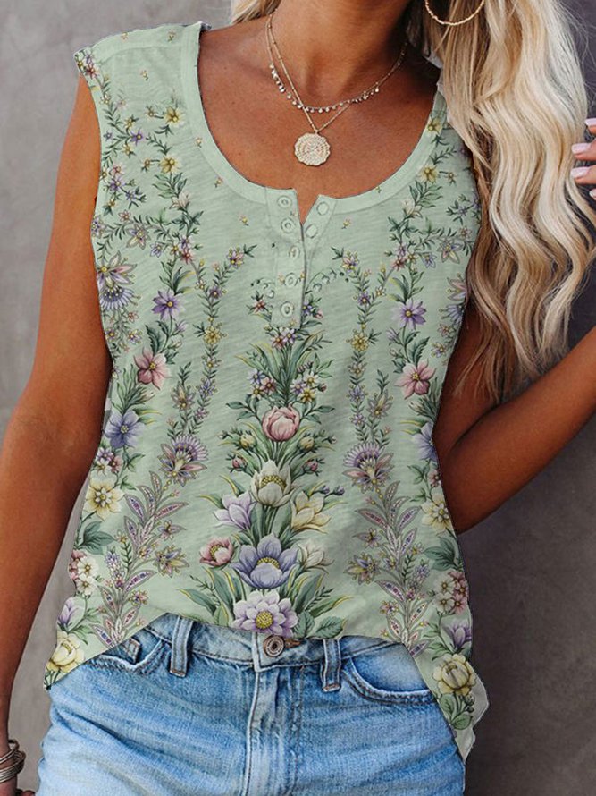 Green Floral Printed Round Neck Sleeveless Tank Top