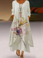 Casual Loose Round Neck Long Sleeve Dandelion Print Maxi Dress