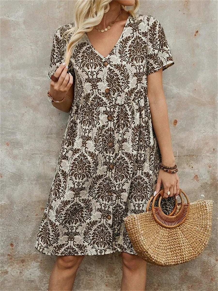 A-Line High Waisted Buttoned Pleated Printed Split-Joint V-Neck Mini Dress