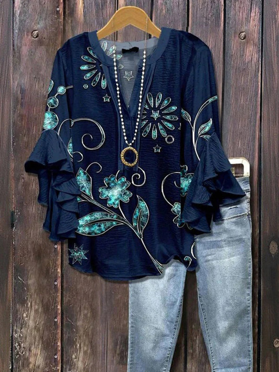 LilyWish Vintage Floral Print V-neck Half Sleeve Blouse