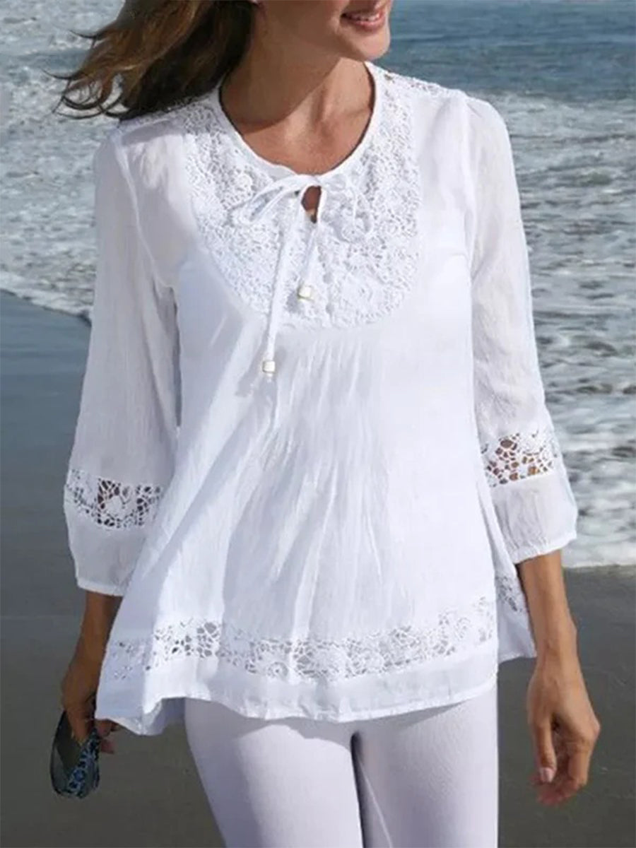 Casual Crew Neck3/4 Sleeve Lace Shirt
