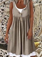 Khaki Crew Neck Short Sleeve Buttoned Short Dress