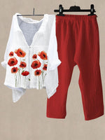Red Casual V Neck Floral Printed Daily Two Piece Suit