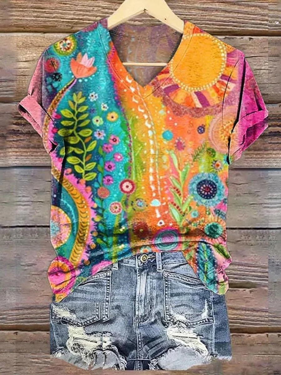 LilyWish Stunning V-neck Short Sleeve Multicolor Top