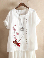 White Floral Printed Button Short Sleeve Blouse