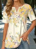 LilyWish Elegant Floral Print V-neck Short Sleeve Blouse