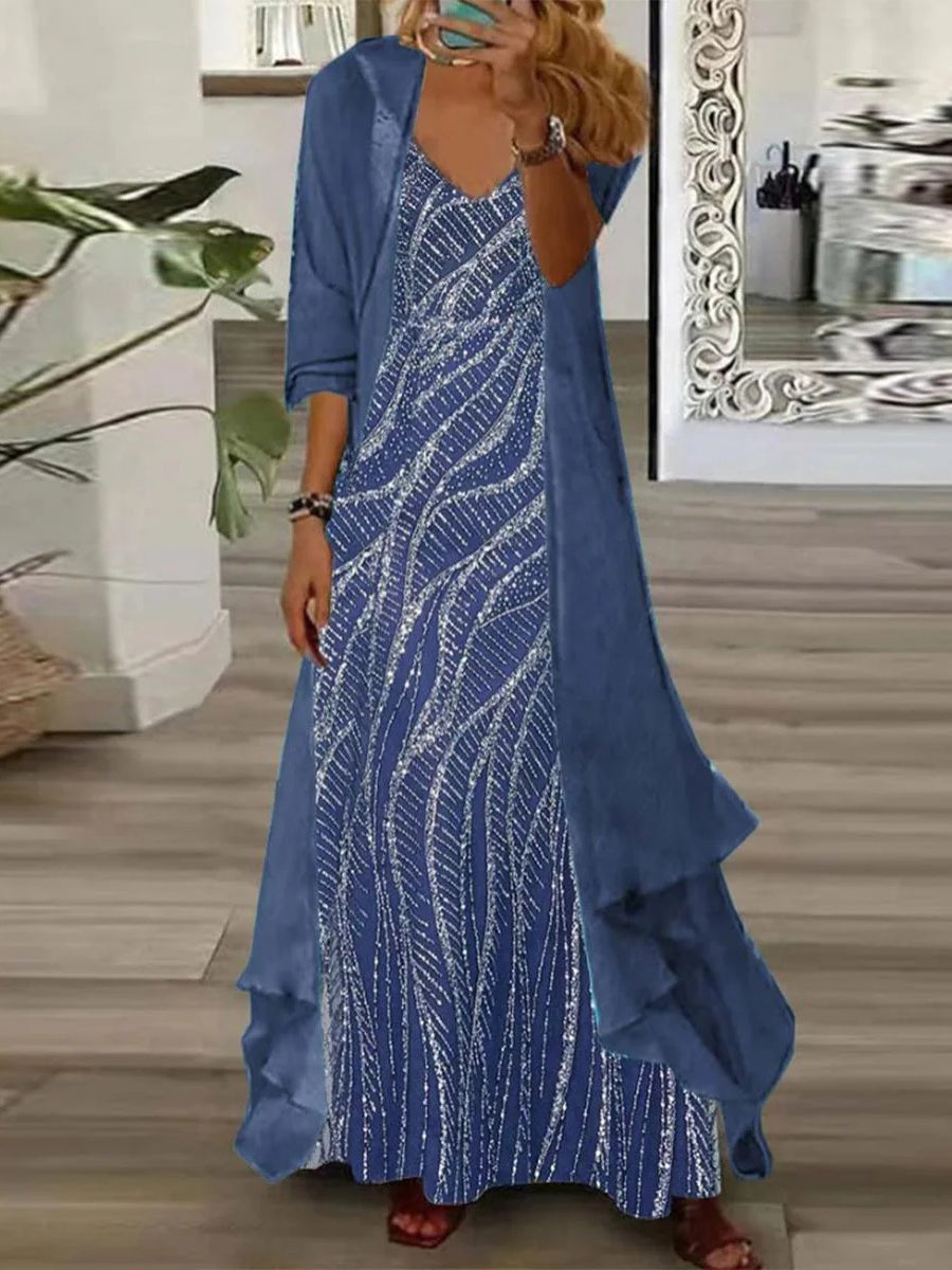 Blue V-neck Maxi Dress With Outerwear