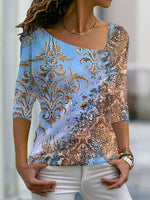 Asymmetrical V Neck Marbling Long Sleeves T-Shirt