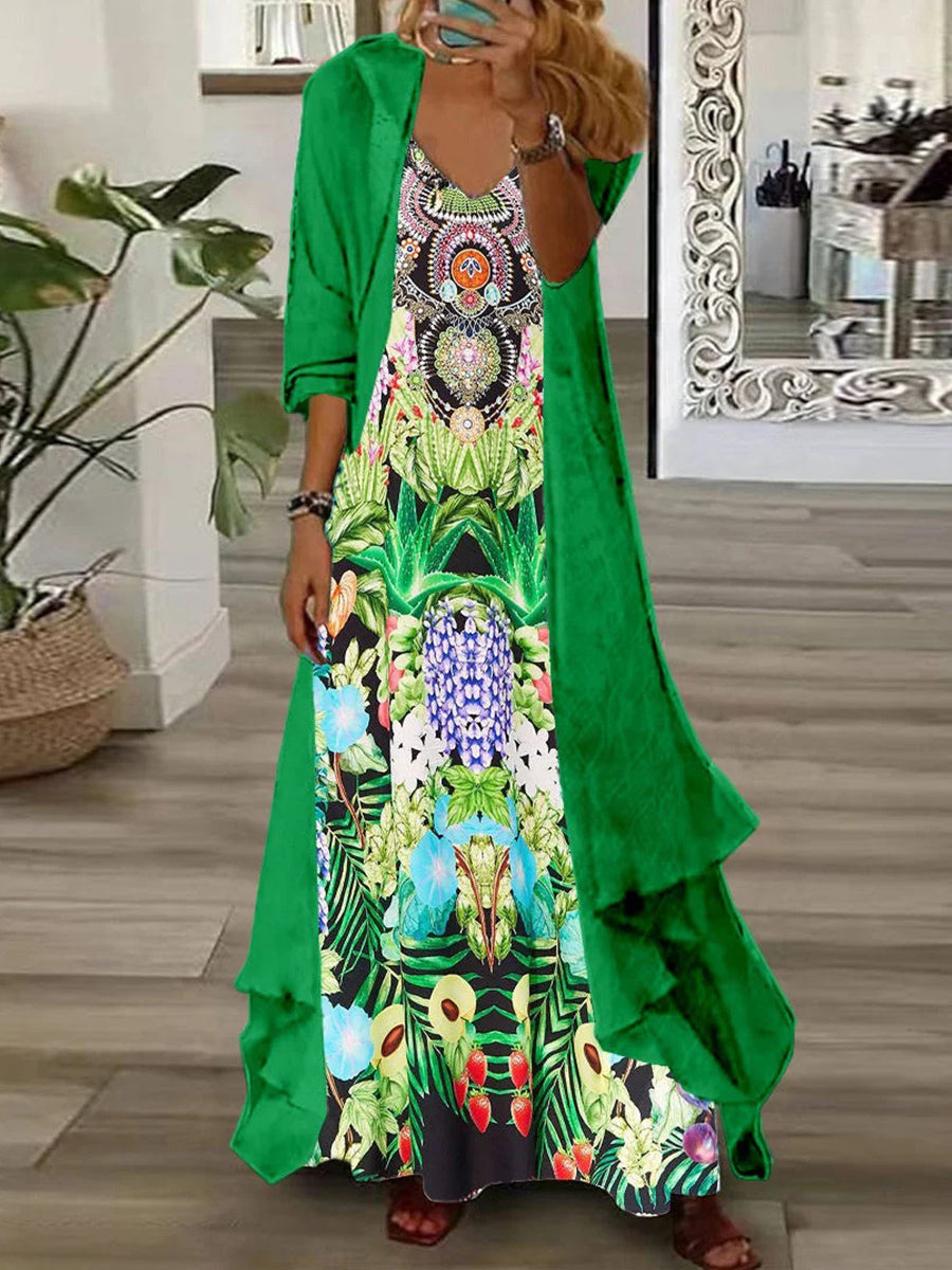 Women's Long Sleeve V-neck Graphic Printed Two Pieces Maxi Dress