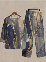 Blue Casual Round Neck Art Inkjet Printed Long Sleeve Two Piece Suit