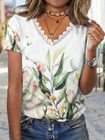 Floral Print V-neck Lace Short Sleeve T-shirt