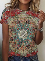 Casual Round Neck Short Sleeve Mandala Print T-shirt