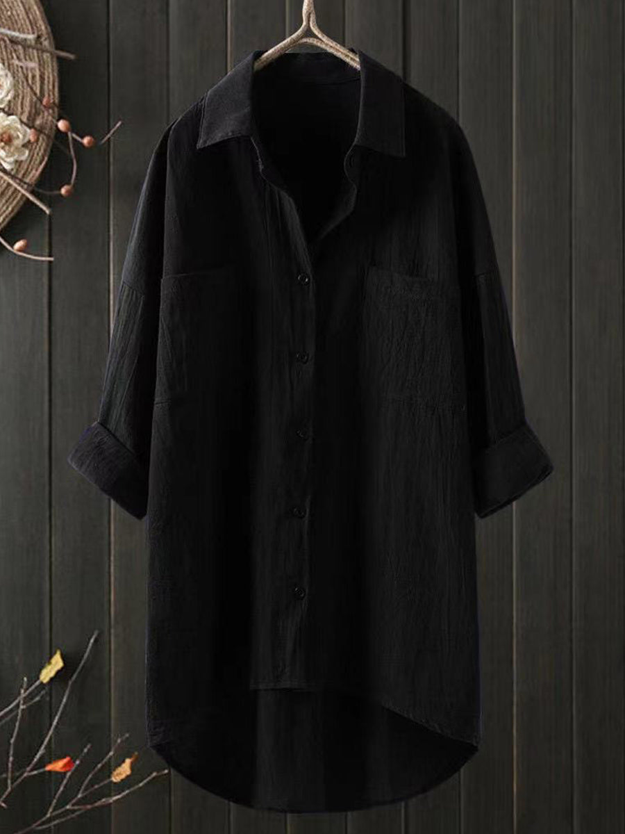 LilyWish Solid Cotton Linen V Neck Loose Top