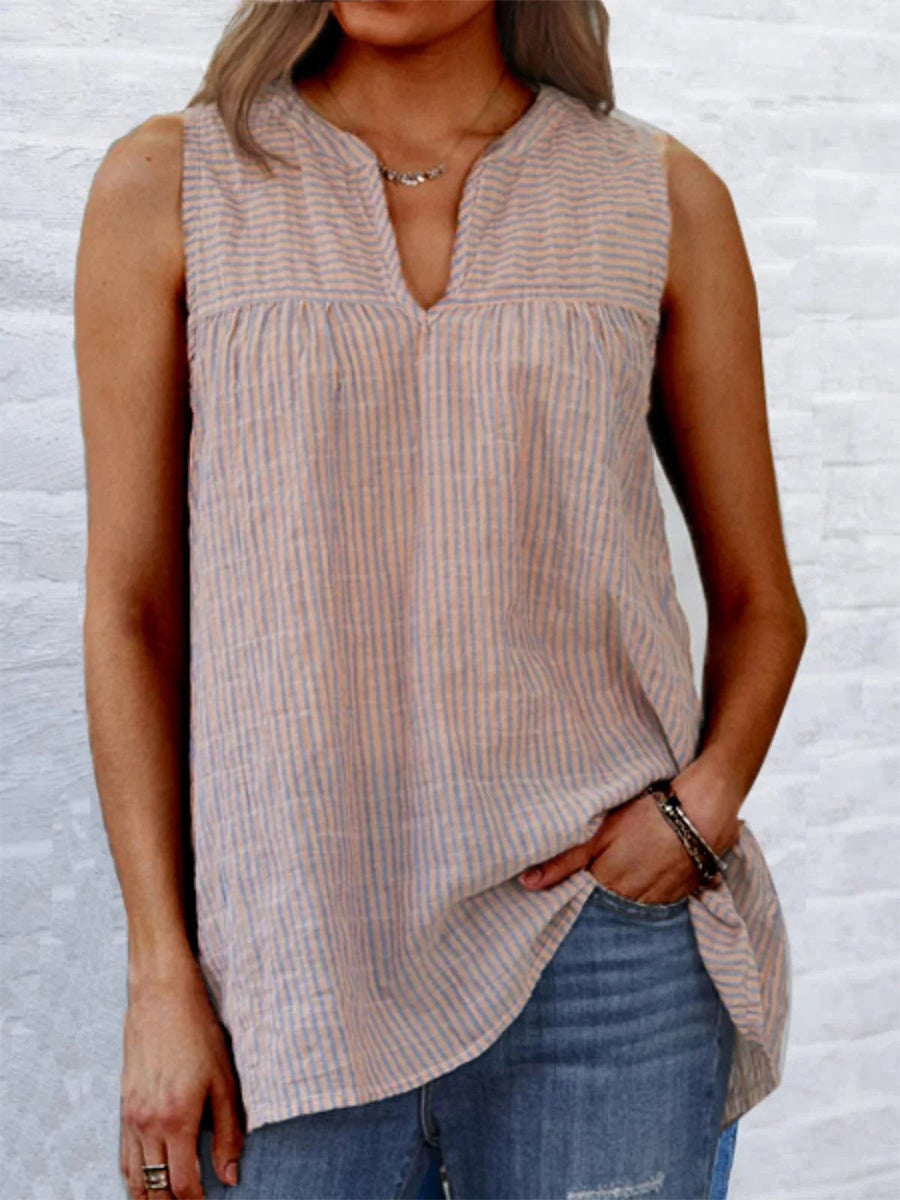 LilyWish Striped Sleeveless Casual V Neck Blouse