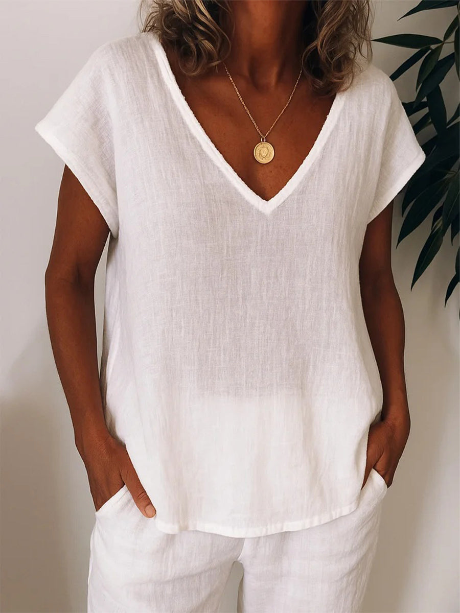 LilyWish Solid Color Basic V-neck Short Sleeve Cozy T-Shirt
