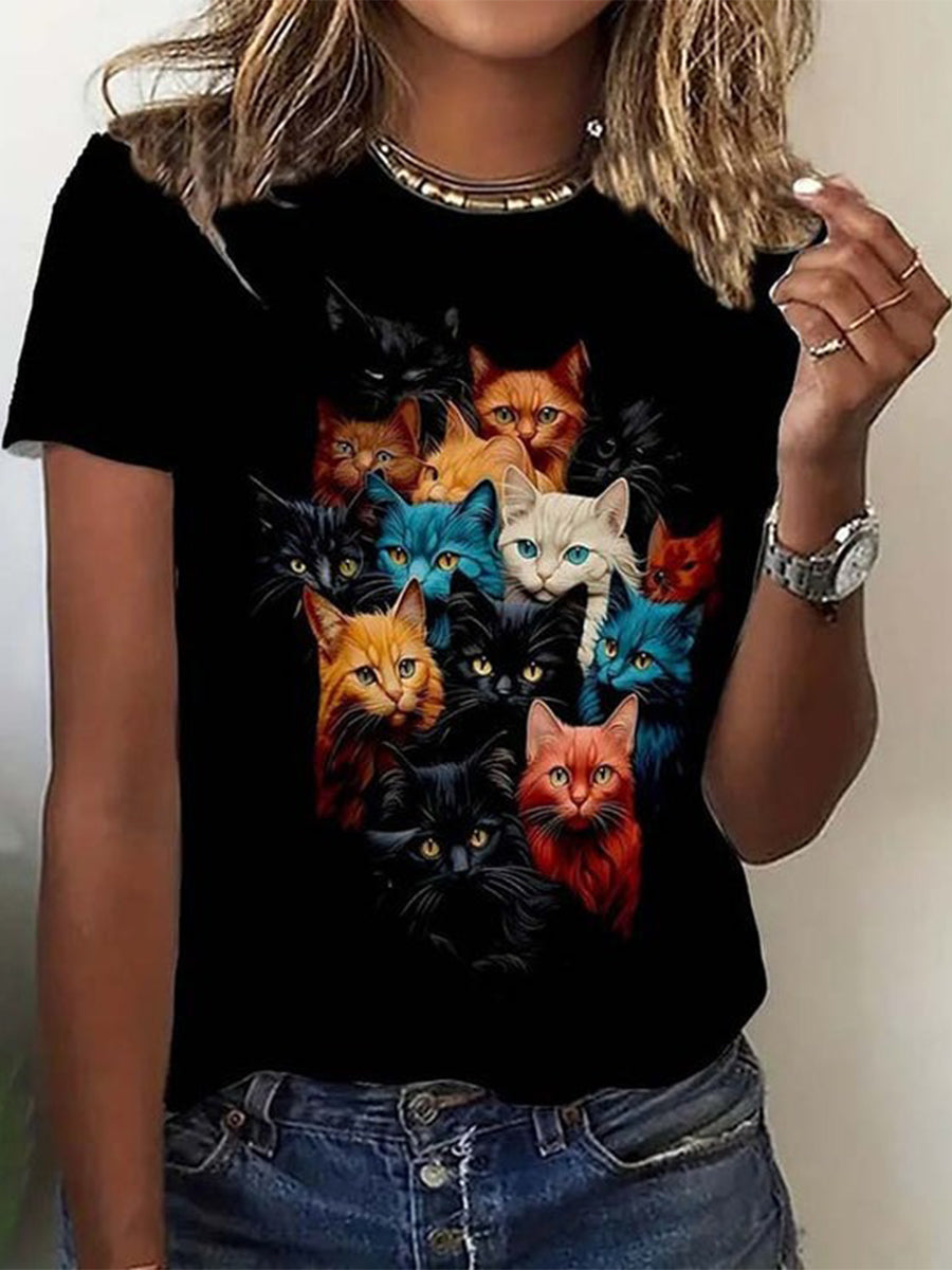 Casual Cat Printed Short Sleeve T-Shirt