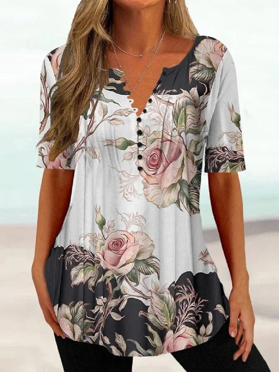 LilyWish Multicolor Casual V Neck Floral Printed Short Sleeve Blouse