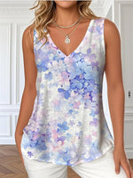 Casual Gradient Pattern Floral Print V-neck Sleeveless T-Shirt