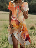 LilyWish Vintage Gradient Print Round Neck Short Sleeve Dress