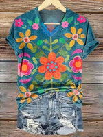 LilyWish Vintage Floral Print V-neck Short Sleeve T-Shirt